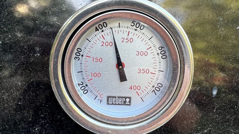 Close-up of temperature gauge on Weber gas grill