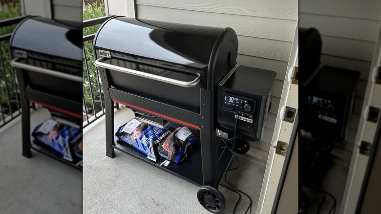 Weber Searwood XL 600 grill on a patio