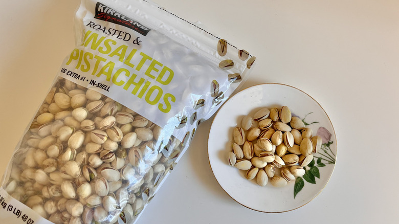 Plate of Kirkland roasted and unsalted pistachios