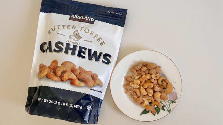 Pieces of the Kirkland butter toffee cashews