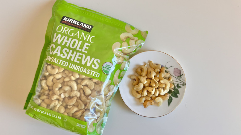 Plate of Kirkland unsalted unroasted organic cashews