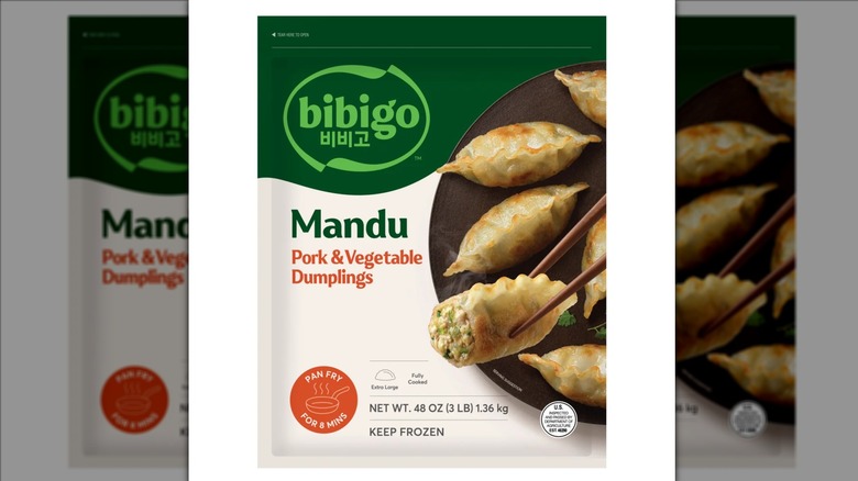 Bibigo Mandu Pork and Vegetable Dumplings on white background