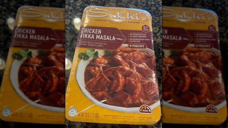 Sukhi's Indian Chicken Tikka Masala in package on granite countertop