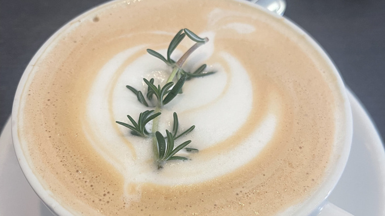 rosemary latte in white mug on gray background