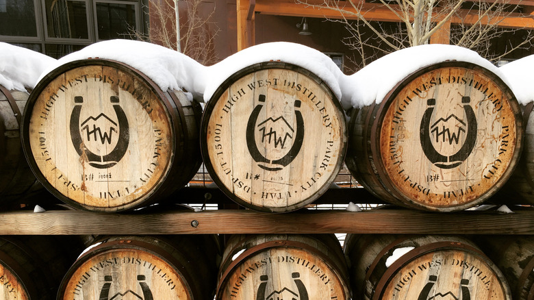 Whiskey barrel stacked in the snow