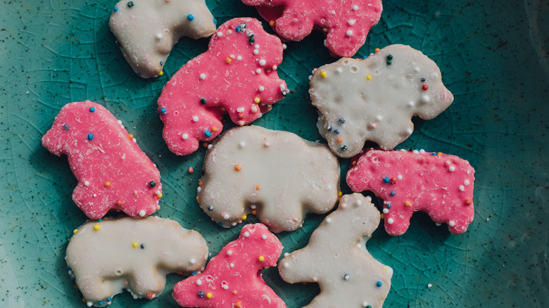 Frosted animal crackers on plate