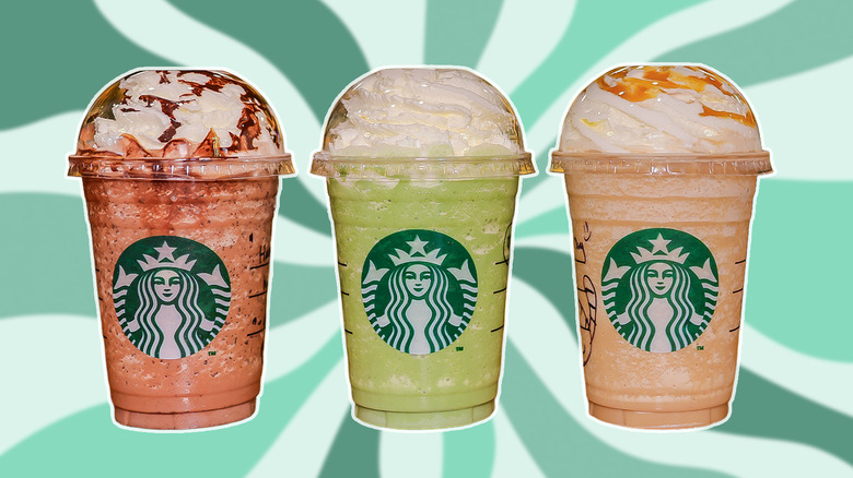 Three grande Starbucks frappuccinos against a swirled green and white background