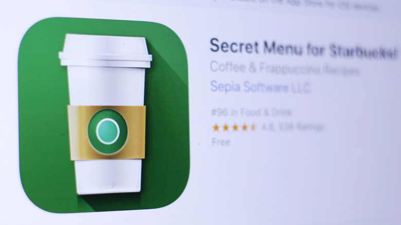 A close-up on a laptop screen of a Secret Menu for Starbucks! app in play store