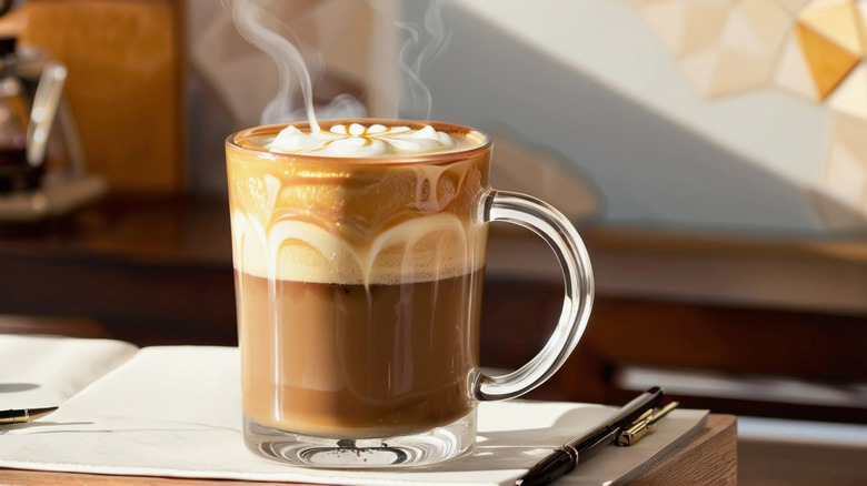 A warm, inviting café scene with a hot latte, latte art, and sunlight streaming in.