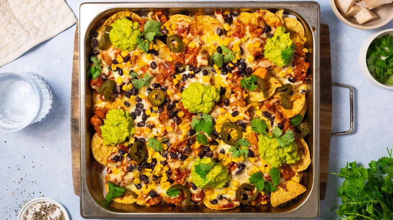 Plant-Based Chipotle Jackfruit Nachos Recipe in a pan