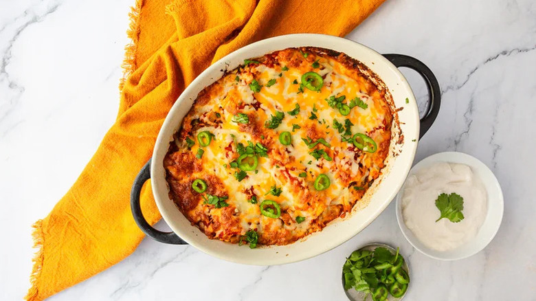 Vegetarian Jackfruit Enchiladas in a pan
