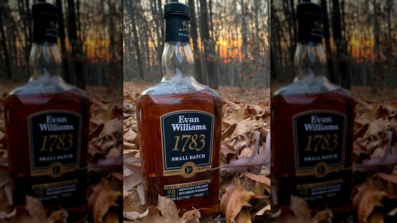 Bottle of Evan Williams 1783 small batch outside with leaves