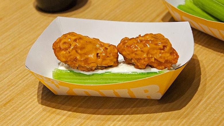 Salted caramel BBQ wings from Buffalo Wild Wings in a paper boat
