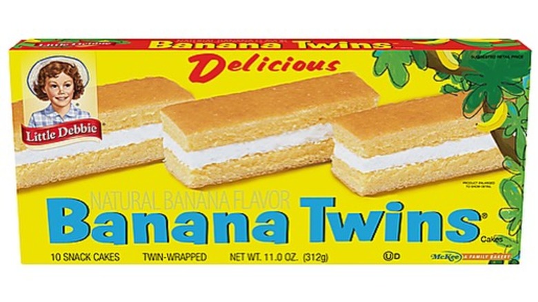 Box of Little Debbie Banana Twins on white background