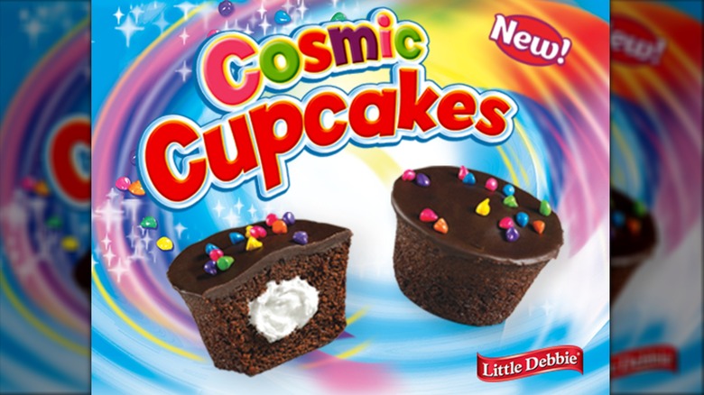 Little Debbie Cosmic Cupcakes on colorful background