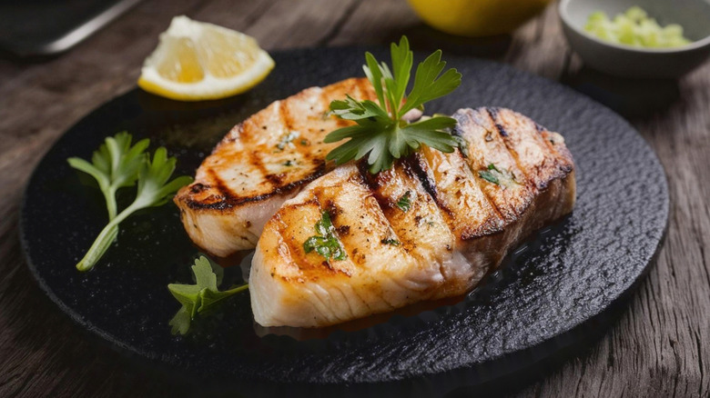 Grilled swordfish steaks with garnish on black plate