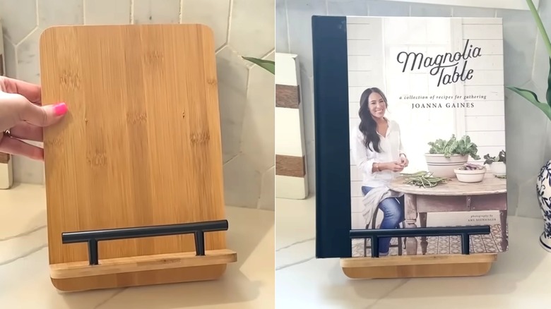 Photo of hand holding wooden book display holder next to photo of Joanna Gaines cookbook inside holder