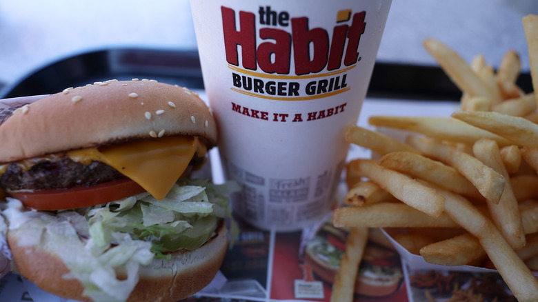 A burger meal on a tray from Habit Burger & Grill
