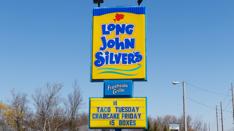 Long John Silver's sign against blue sky background