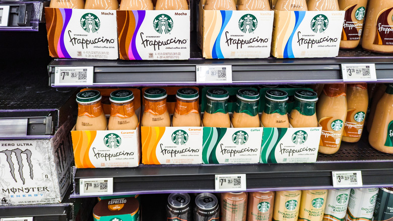 Starbucks bottled drinks on a grocery store shelf
