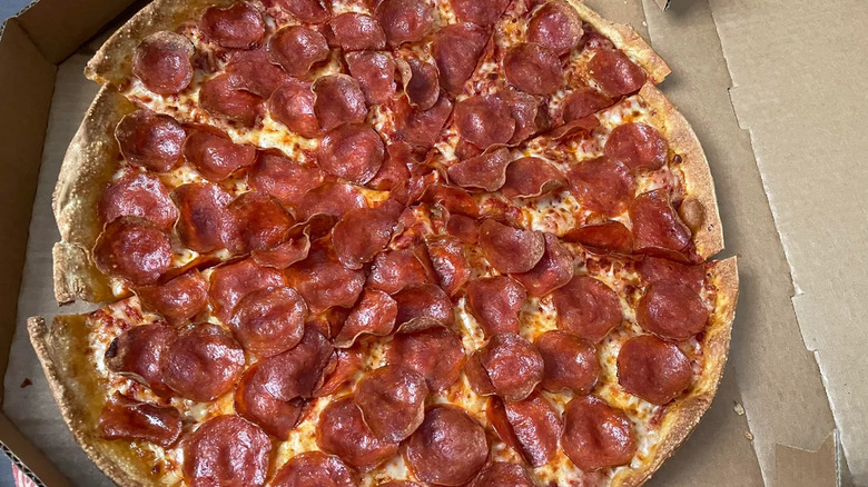 Close up of Pizza Hut's Pepperoni Lovers pizza in a box