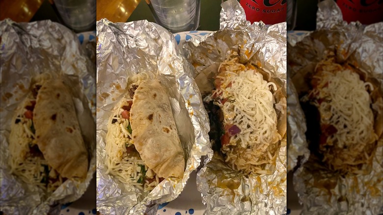 Mirrored image of Chipotle's soft tacos with flour tortillas on foil