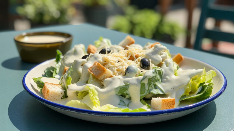 Caesar salad on white plate with blue trim, al fresco.