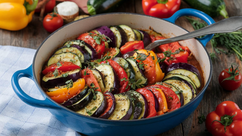 Ratatouille with metal spoon in blue casserole dish on rustic table.