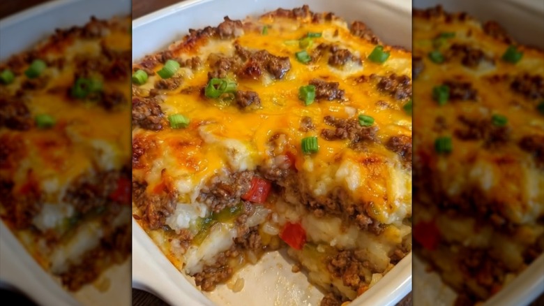 Cheesy ground beef and vegetable casserole in baking dish