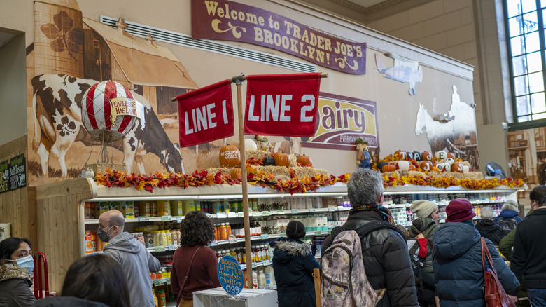 Busy check out lane at Trader Joe's