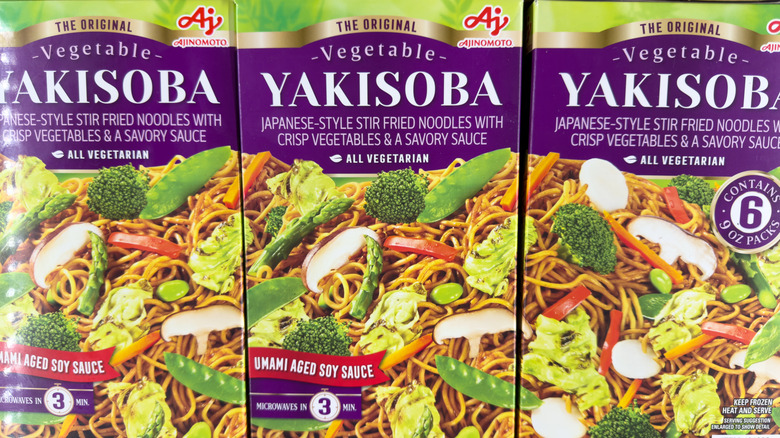 Cases of Ajinomoto Yakisoba line a freezer shelf