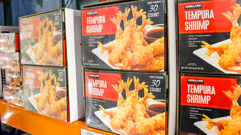 Display of stacked boxes of Kirkland Signature Tempura Shrimp