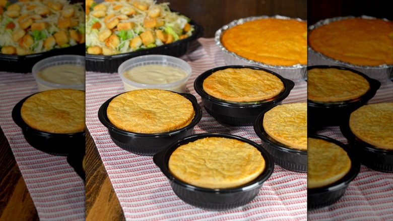 Four Marie Callender's Chicken Pot Pies on tablecloth