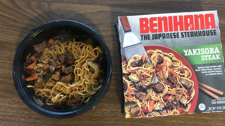 Benihana Yakisoba steak frozen dinner in tray.
