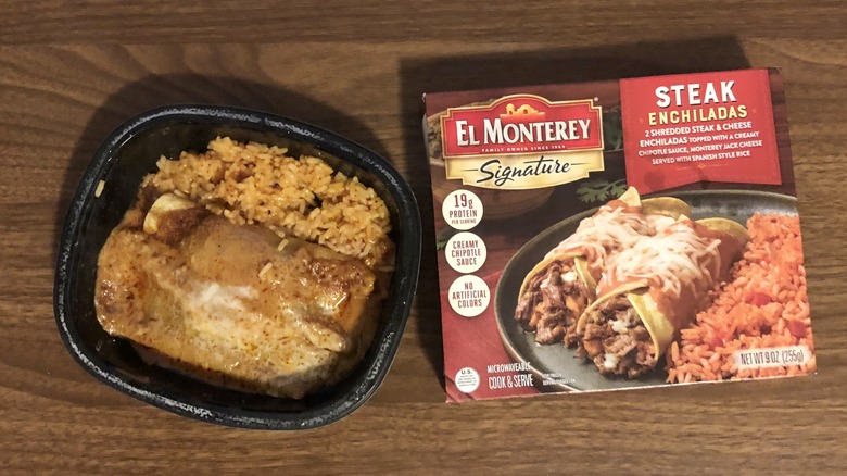 El Monterey steak enchiladas in microwave tray.
