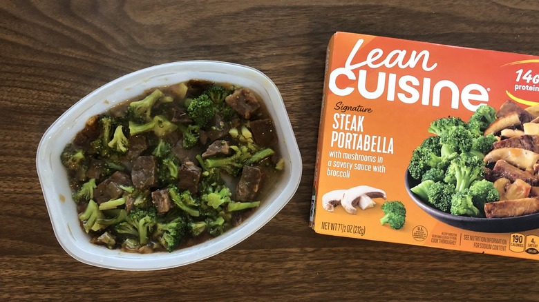Lean Cuisine steak portabella frozen dinner in tray.