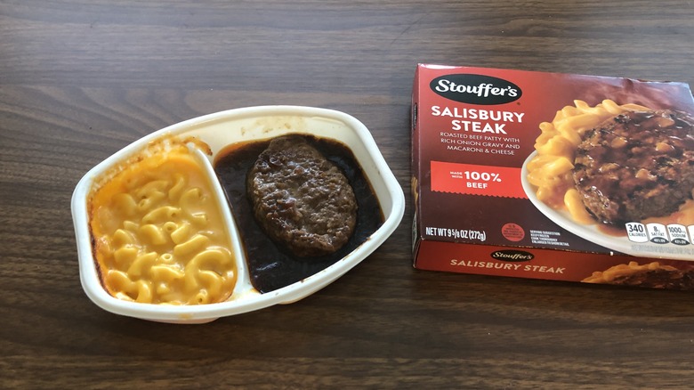 Stouffer's Salisbury steak frozen dinner in tray.