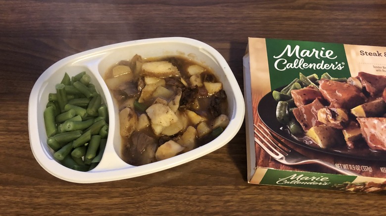 Marie Callender's steak and roasted potatoes frozen dinner in tray.