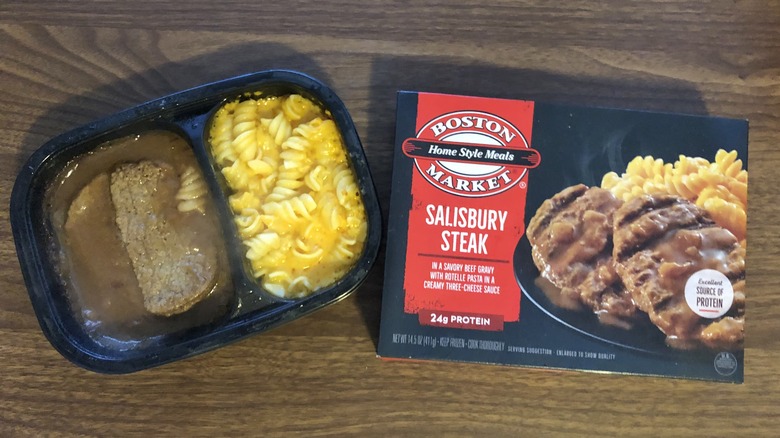 Boston Market frozen Salisbury steak meal in tray.