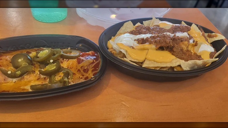 Top view of 7-Eleven nachos with cheese, chili, and other toppings