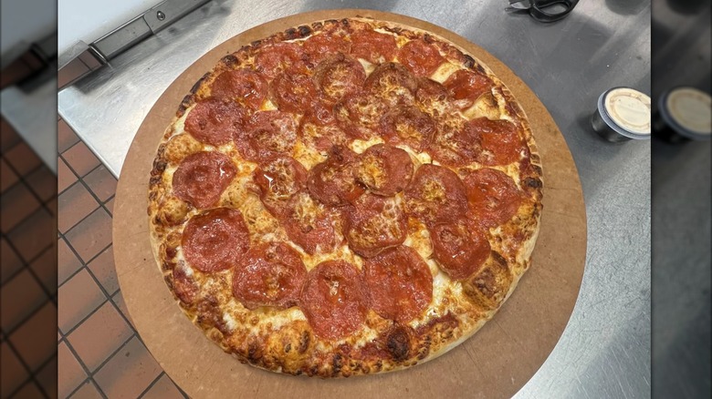 Top view of a QuikTrip pepperoni pizza