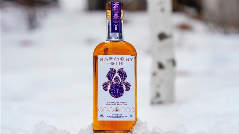 Harmony gin bottle against a white blurry background