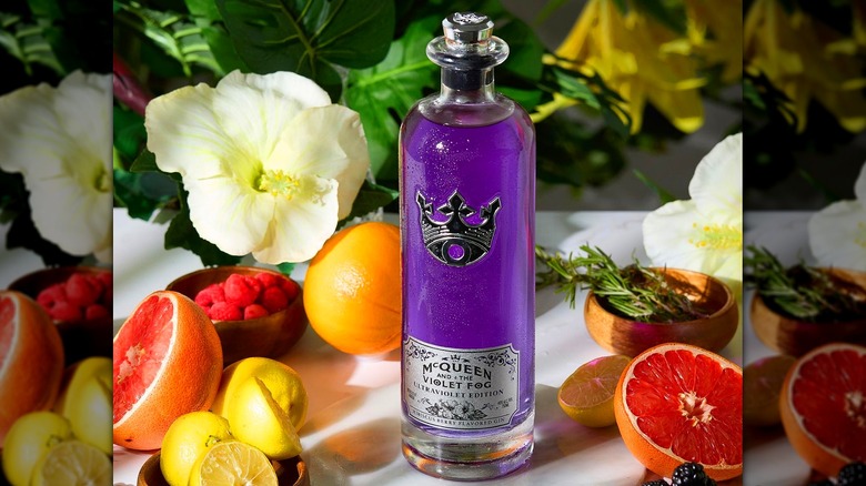 McQueen and the Violet Fog Ultraviolet Edition gin bottle with flowers and fruit