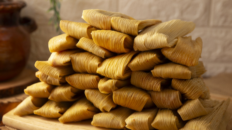 Close up of large stack of tamales