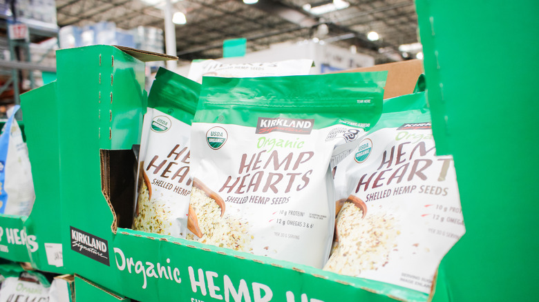 Bags of hemp hearts on display
