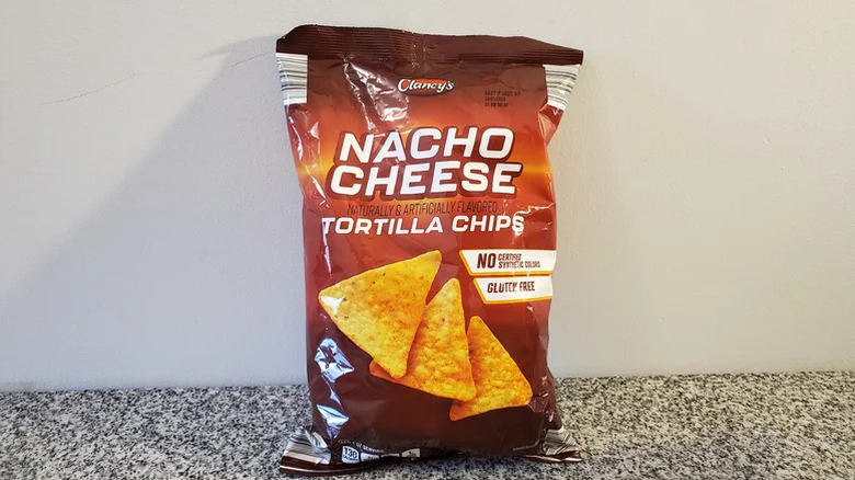 Aldi Clancy's Nacho Cheese Tortilla Chips bag on a counter