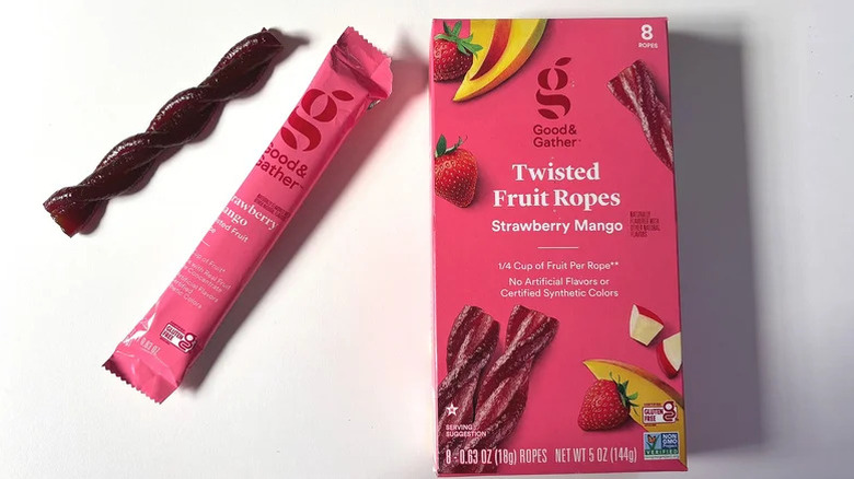 One open piece of Good & Gather Strawberry Mango Twisted Fruit Ropes