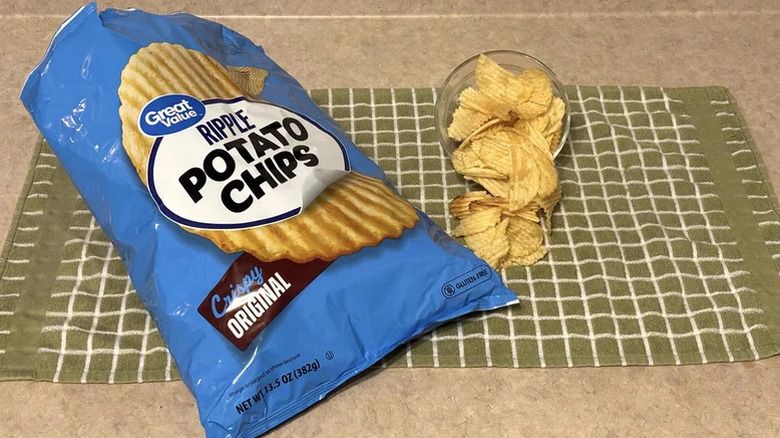 Several Walmart Great Value Ripple Potato Chips in a bowl