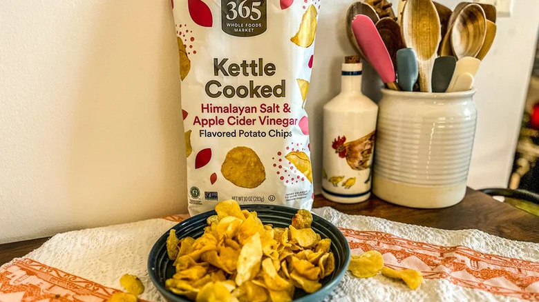 Whole Foods Himalayan Salt and Apple Cider Vinegar Kettle Chips bag on counter
