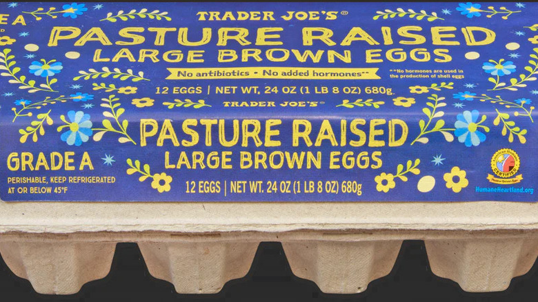 Close up of carton of Trader Joe's Paster Raised Large Brown Eggs